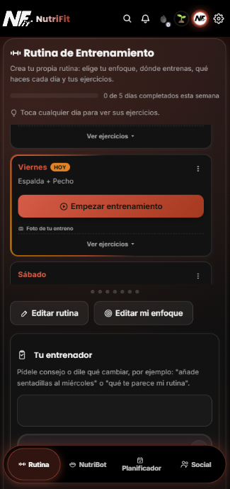 Captura real de la app NutriAIFit: pantalla de Rutina de Entrenamiento